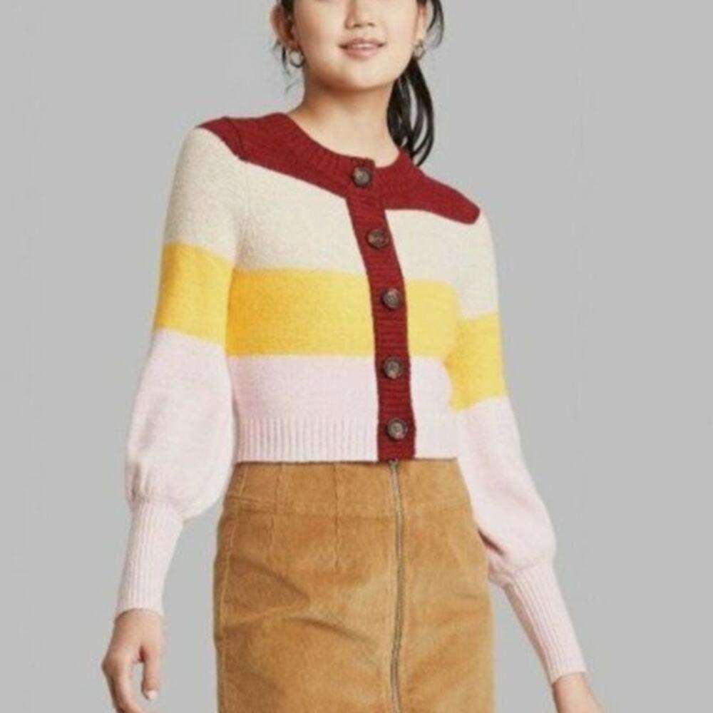 Wild Fable Color Block Cropped Bishop Sleeve Cardigan Cozy Preppy Women's S